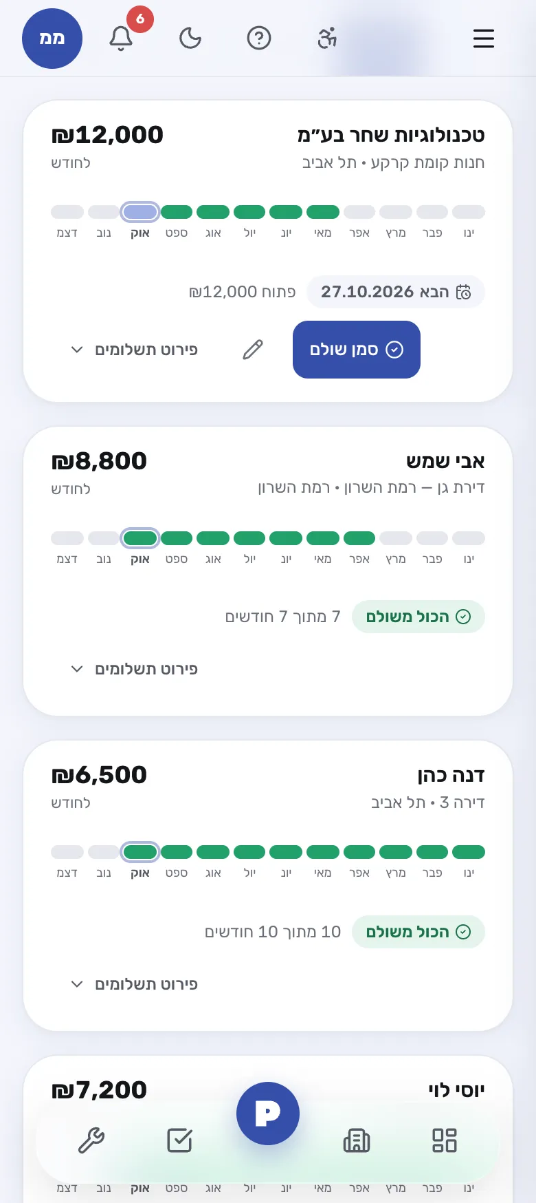 תשלומים לפי שוכר: חודשים ששולמו לאורך השנה